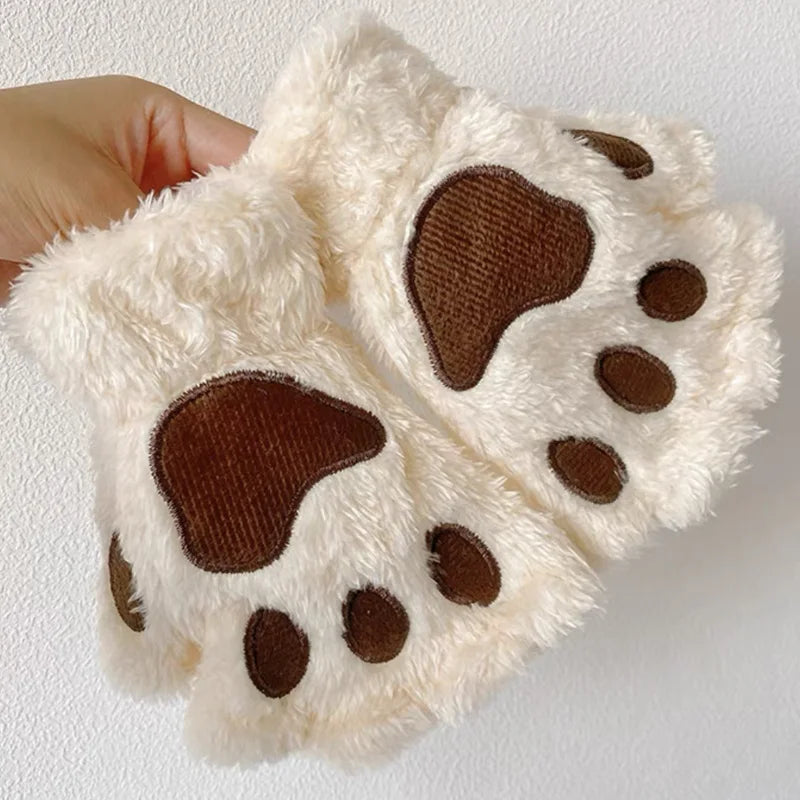 Gants en Peluche à Griffes de Chat – Mitaines Sans Doigts Douces et Chaudes, Gants de Costume Ours Fluffy