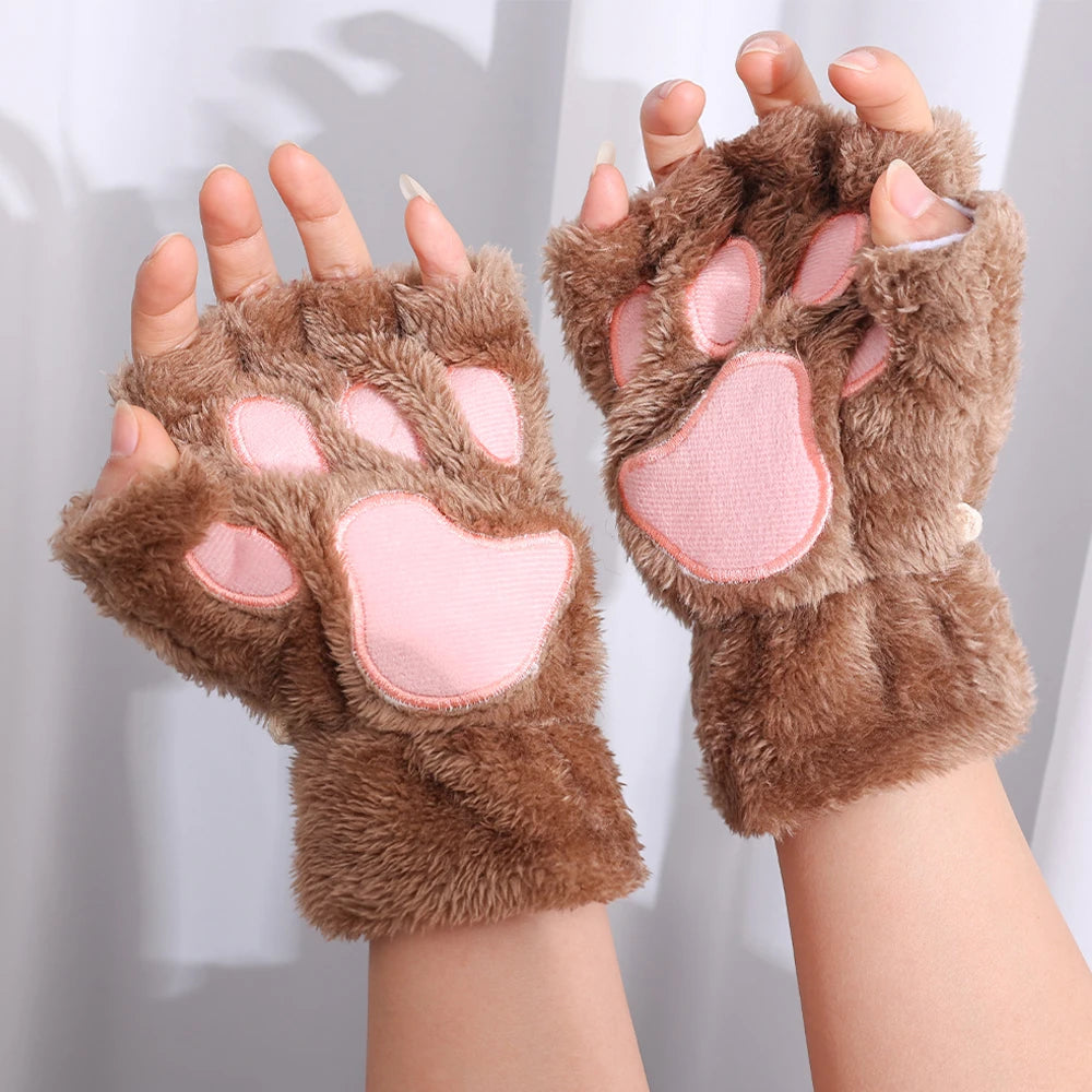 Gants en Peluche à Griffes de Chat – Mitaines Sans Doigts Douces et Chaudes, Gants de Costume Ours Fluffy