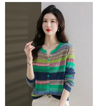 Slimming Knit Striped Mint Wave V-Neck Top Jacket Inner Simple Commuting Design Sensibility Age-Reducing Sweater